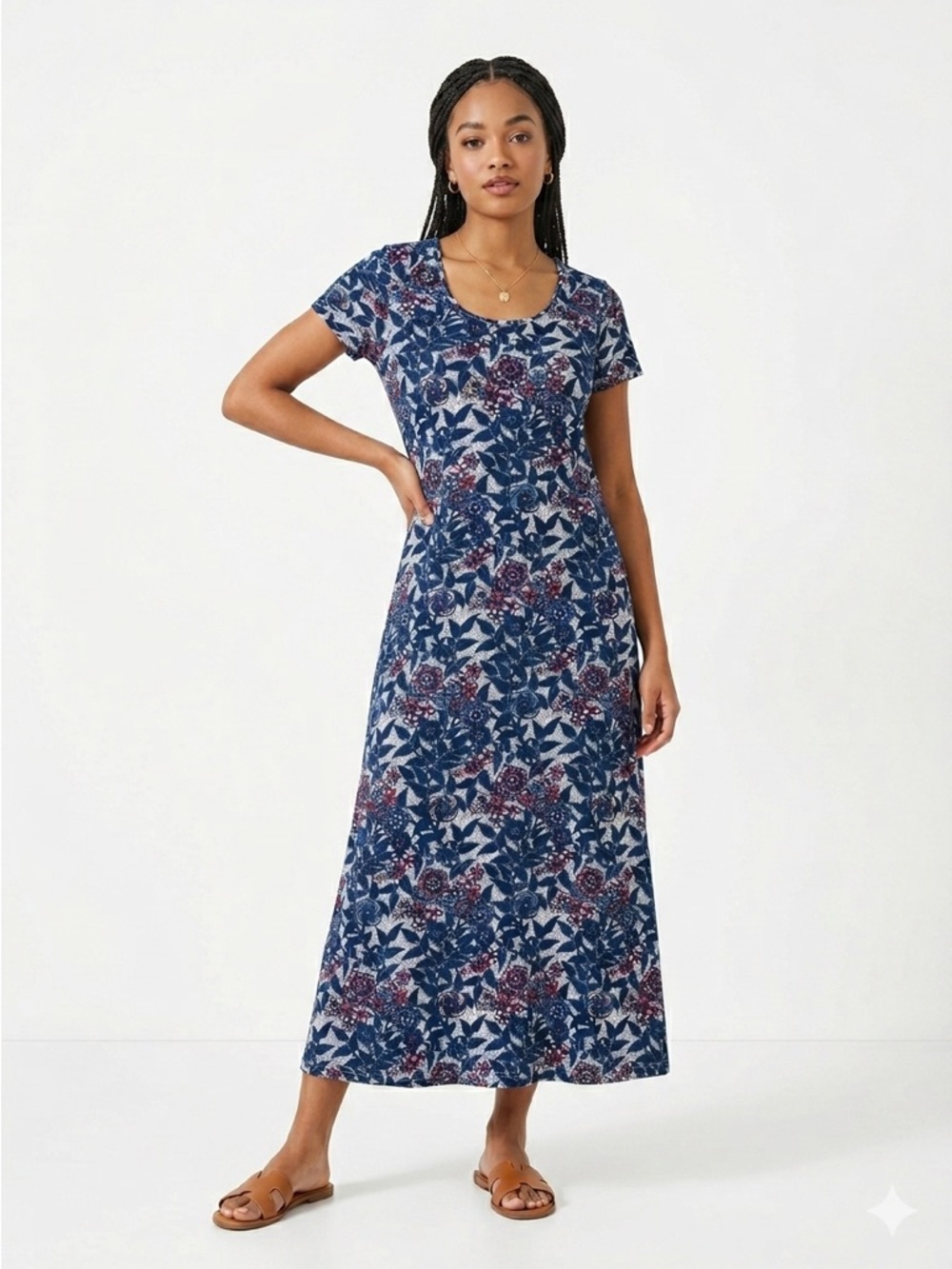 Peruvian Connection Floral Pima Cotton Short Sleeve Maxi Dress Navy Pink L